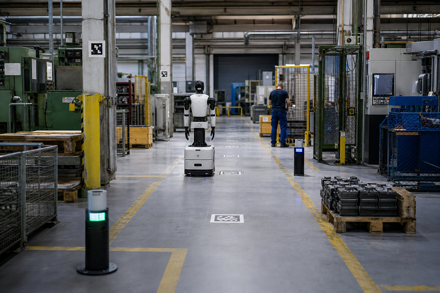 Autonomous robot patrol route through a brownfield factory aisle