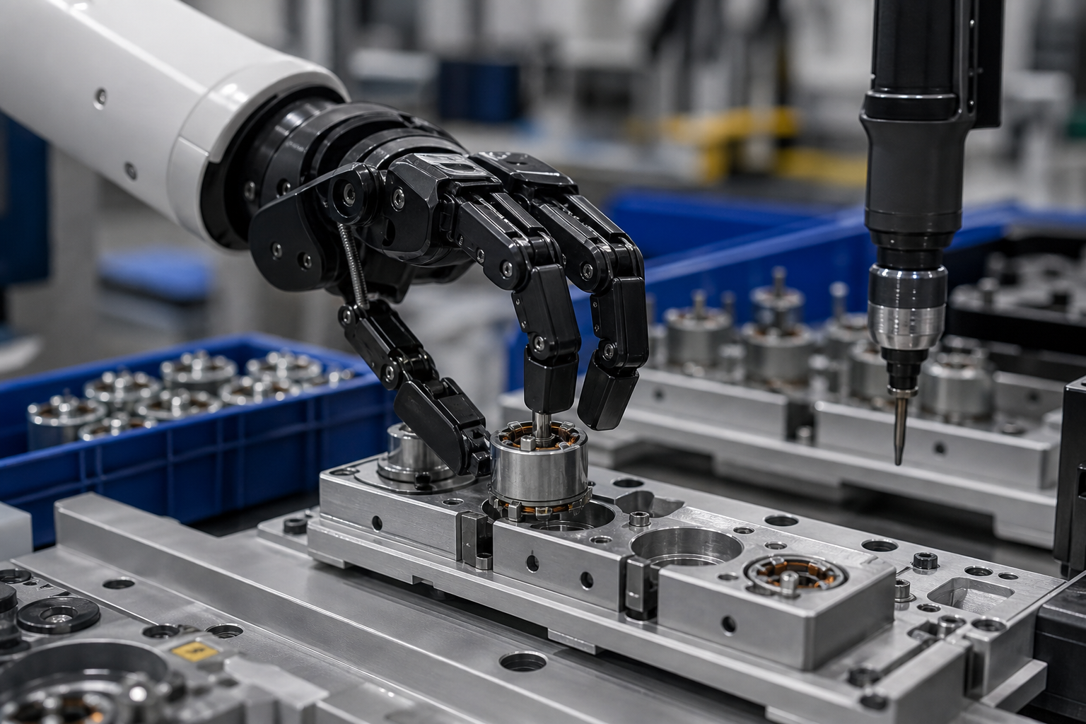 Robot end-effector placing a small component into a fixture