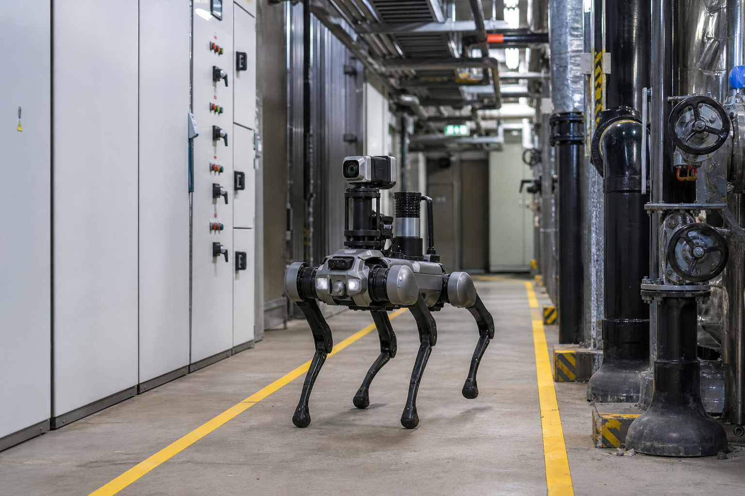 Quadruped robot inspecting a technical corridor